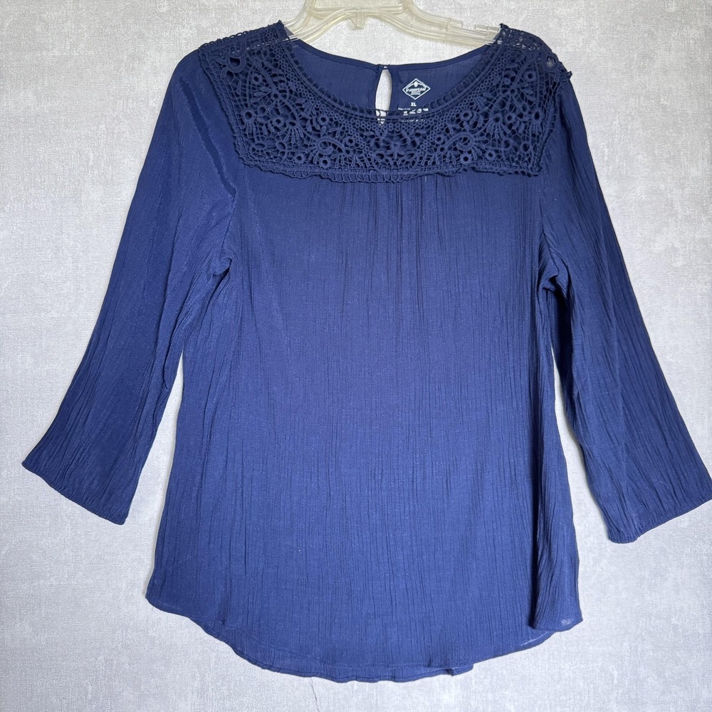 St. John's Bay Blouse Womens XL Navy Blue Crochet Lace Yoke 3/4 Boho Fairy - Picture 1 of 8